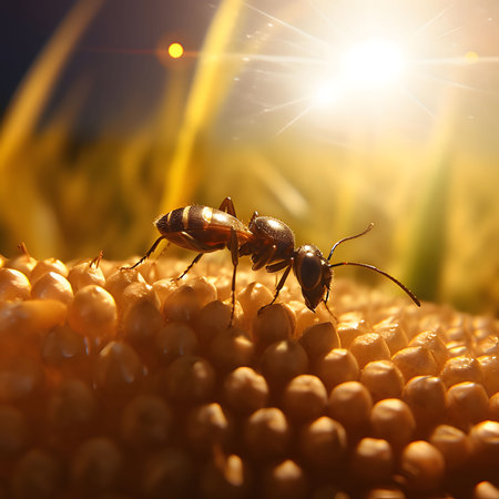 Busy bee on corn kernels in sunlight. Close-up effect. Corn as a dish of thanksgiving for the harvest. An atmosphere of joy and celebration.の写真素材