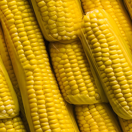 Stacked yellow corn cobs. Background. Corn as a dish of thanksgiving for the harvest. An atmosphere...