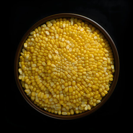 View from above of a bowl full of yellow corn kernels isolated on a black background. Corn as a dish of thanksgiving for the harvest. An atmosphere of joy and celebration.の写真素材