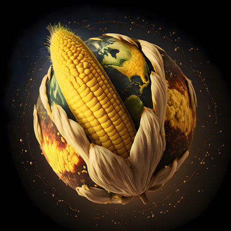 Cob of corn surrounding the earth planets on a black background. Corn as a dish of thanksgiving for...