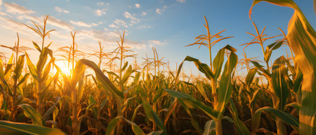 Cornfield at sunset, banner with space for your own content. Blurred background. Blank space for...