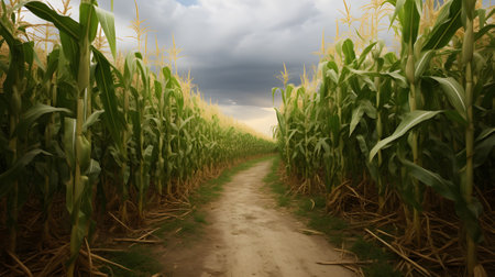 A path in the middle of a corn field during the day. Corn as a dish of thanksgiving for the harvest. An atmosphere of joy and celebration.の写真素材
