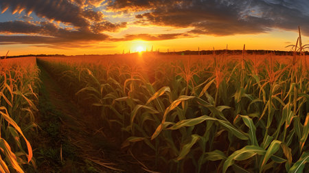 A corn field stretching to the horizon at sunset. Corn as a dish of thanksgiving for the harvest. An...