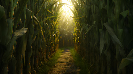 A path in the middle of a corn field during the day. Corn as a dish of thanksgiving for the harvest. An atmosphere of joy and celebration.の写真素材