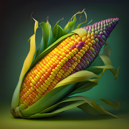 Colorful corn cob in green leaf on green background. Corn as a dish of thanksgiving for the harvest. An atmosphere of joy and celebration.の写真素材
