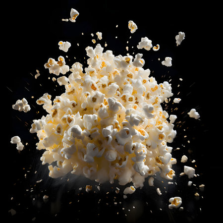 Popcorn isolated on a black background. Corn as a dish of thanksgiving for the harvest. An atmosphere of joy and celebration.の写真素材