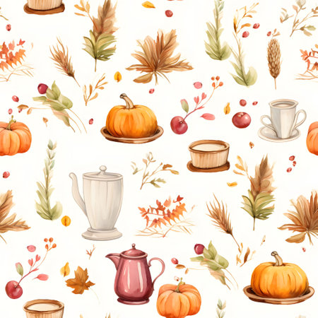 Elegant and modern. Pumpkins, leaves, cups, as abstract background, wallpaper, banner, texture design with pattern - vector. White colors.の写真素材