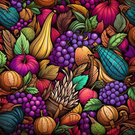 Elegant and modern. Fruit baskets of grapes, pears, pumpkins as abstract background, wallpaper,...