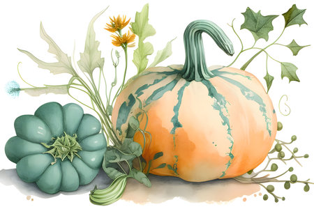 Pumpkins and small plants. Pumpkin as a dish of thanksgiving for the harvest, picture on a white isolated background. Atmosphere of joy and celebration.の写真素材