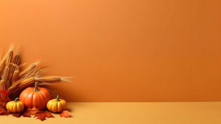 Orange wall, on the left corn cobs, pumpkins and autumn leaves., banner with space for your own content. Blank space for caption.の写真素材
