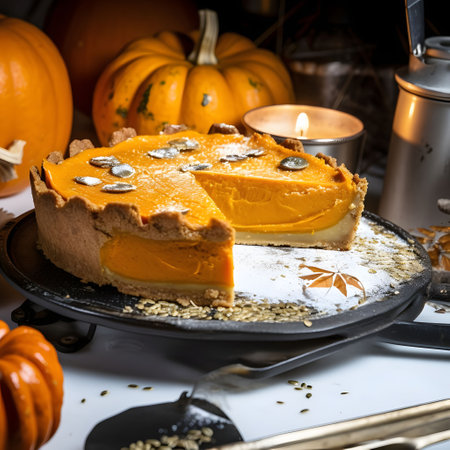 Top view of pumpkin soup around seeds and pumpkins dark background. Pumpkin as a dish of thanksgiving for the harvest. An atmosphere of joy and celebration.の写真素材
