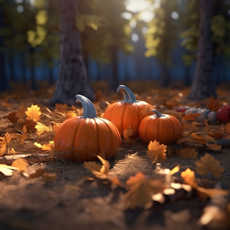 Three pumpkins around grass, autumn leaves, smudged Forest in the background. Pumpkin as a dish of thanksgiving for the harvest. An atmosphere of joy and celebration.の写真素材