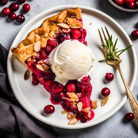 A slice of cherry and pumpkin pie with ice cream on a plate, top view. Pumpkin as a dish of thanksgiving for the harvest. An atmosphere of joy and celebration.の写真素材