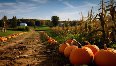 Pumpkin field and pumpkins lined up in a row. Pumpkin as a dish of thanksgiving for the harvest. An atmosphere of joy and celebration.の写真素材