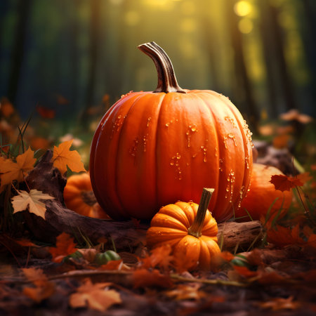 Pumpkins in the forest during autumn. Pumpkin as a dish of thanksgiving for the harvest, picture on a white isolated background. An atmosphere of joy and celebration.の写真素材