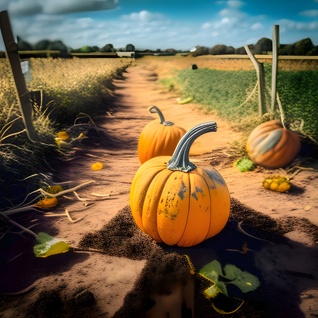 Pumpkins on the path. Pumpkin as a dish of thanksgiving for the harvest. An atmosphere of joy and celebration.の写真素材