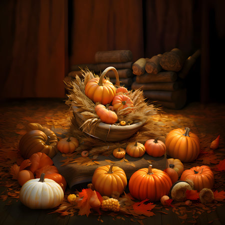 On wooden boards, barn orange pumpkins, autumn scattered leaves, wicker baskets, and in them grain and pumpkins. Pumpkin as a dish of thanksgiving for the harvest. An atmosphere of joy and celebration.の写真素材