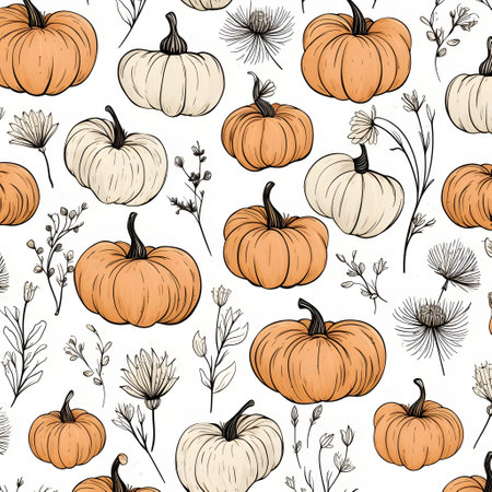 Elegant and modern. Pumpkins and leaves as abstract background, wallpaper, banner, texture design with pattern - vector. White colors.の写真素材