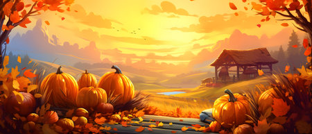 Illustration of corn cob pumpkins on wooden top, sunset and house in the background, banner with space for your own content. Blank space for caption.の写真素材