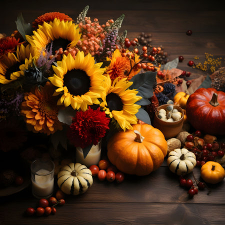Sunflowers, pumpkins, rowan, vegetables. Harvest from the field on a dark board wooden background....