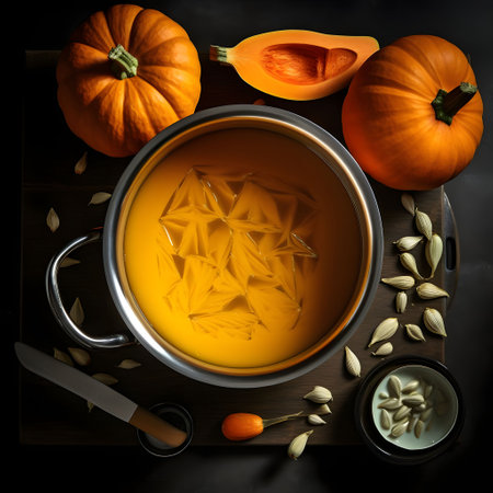 Top view of pumpkin soup around pumpkin seeds. Pumpkin as a dish of thanksgiving for the harvest. The atmosphere of joy and celebration.の写真素材