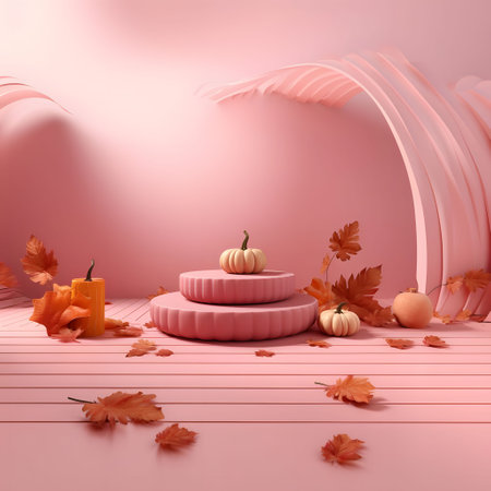 Elegant scenery with pumpkins and autumn leaves. Pink color. Pumpkin as a dish of thanksgiving for the harvest. An atmosphere of joy and celebration.の写真素材