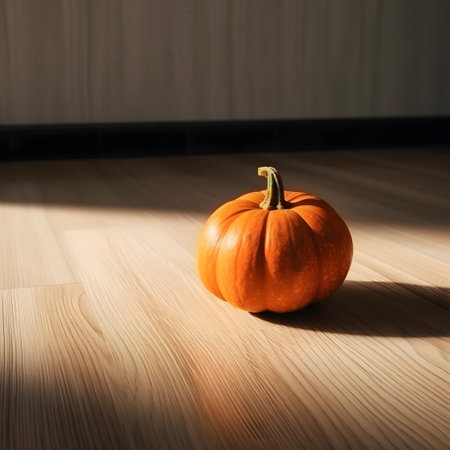Small orange pumpkin on wooden panels. The falling rays of the sun. Pumpkin as a dish of thanksgiving for the harvest. The atmosphere of joy and celebration.の写真素材