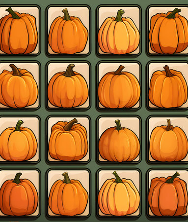 Arranged on shelves of various shapes, orange pumpkins. Illustration. Pumpkin as a dish of thanksgiving for the harvest. The atmosphere of joy and celebration.の写真素材