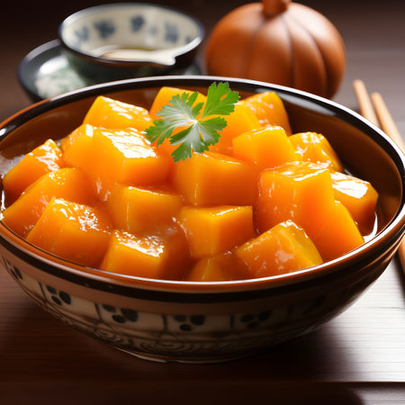 A bowl full of sliced pumpkin salad with parsley. Pumpkin as a dish of thanksgiving for the harvest. An atmosphere of joy and celebration.の写真素材