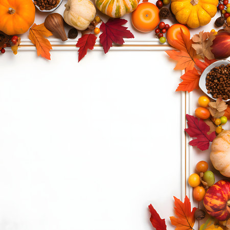A frame embellished with pumpkins, harvest and leaves against a light background forms an elegant and visually appealing composition.の写真素材