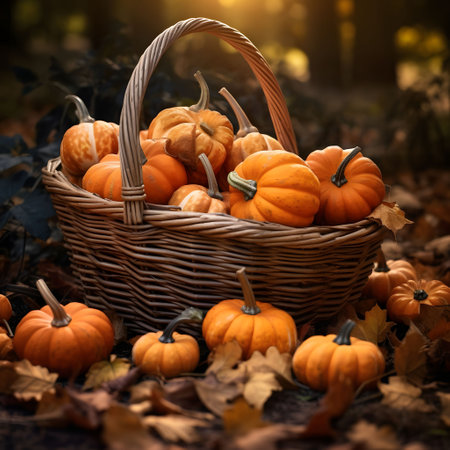 A wicker basket with small pumpkins, around dry autumn leaves, in the background the Smashed Forest. Pumpkin as a dish of thanksgiving for the harvest. An atmosphere of joy and celebration.の写真素材