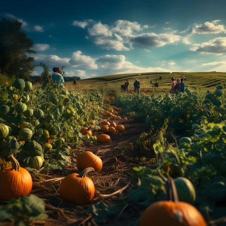 Workers working in a pumpkin field. Day. Pumpkin as a dish of thanksgiving for the harvest. An atmosphere of joy and celebration.の写真素材