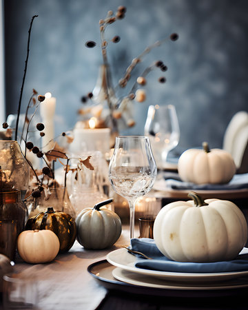 Elegantly set table with candles and white pumpkins. Pumpkin as a dish of thanksgiving for the harvest. An atmosphere of joy and celebration.の写真素材