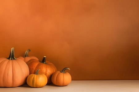 Elegantly arranged pumpkins on the left side. View from the opposite side, orange color, banner with space for your own content. Blank space for caption.の写真素材