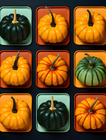 Arranged on shelves of various shapes, pumpkins. Illustration. Pumpkin as a dish of thanksgiving for the harvest. The atmosphere of joy and celebration.の写真素材