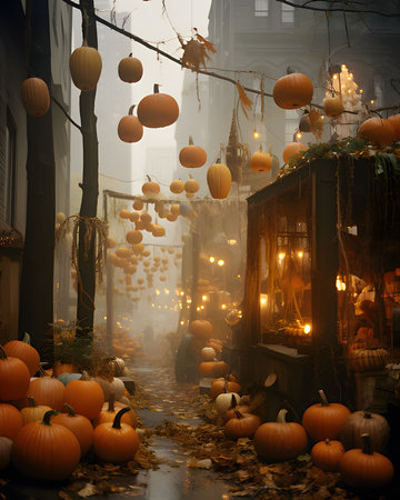 City streets decorated with hundreds of pumpkins, candles, autumn leaves, and a dark misty atmosphere of Halloween. Pumpkin as a dish of thanksgiving for the harvest. An atmosphere of joy and celebration.の写真素材