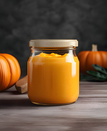 Glass jar with pumpkin soup on wooden table top, smudged background. Pumpkin as a dish of thanksgiving for the harvest. An atmosphere of joy and celebration.の写真素材