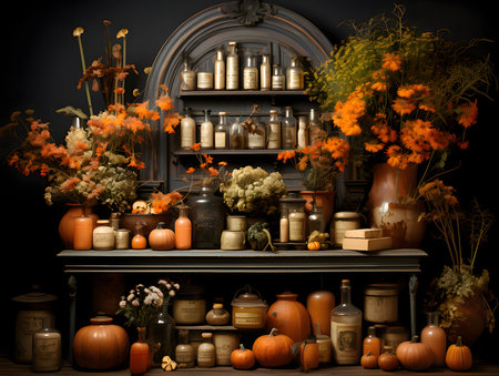 Decorated pumpkin with them bottles, flowers in the house table and shelf. Pumpkin as a dish of thanksgiving for the harvest. An atmosphere of joy and celebration.の写真素材
