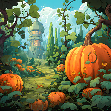 Fairytale illustration of giant pumpkins, green leaves and greenhouse in the background. Pumpkin as a dish of thanksgiving for the harvest. An atmosphere of joy and celebration.の写真素材