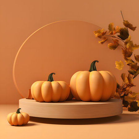 Elegant scenery with pumpkins and autumn leaves. Orange color. Pumpkin as a dish of thanksgiving for the harvest.の写真素材