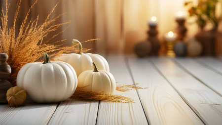 Elegantly laid White Pumpkin and dry grass on the left. View from the opposite side, banner with space for your own content. Blank space for caption.の写真素材