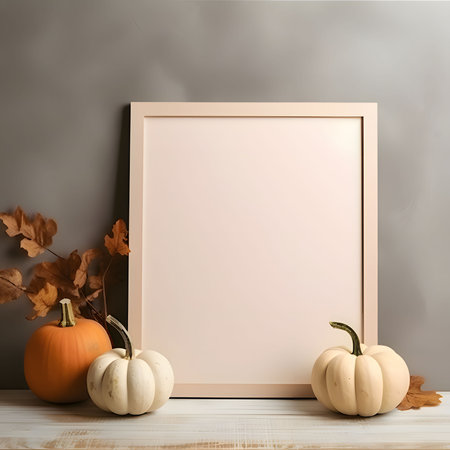 A white blank sheet of paper, pumpkins, leaves create a minimalist and stylish composition.の写真素材