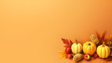 Elegantly arranged pumpkins on the left side. View from the opposite side, orange color, banner with...