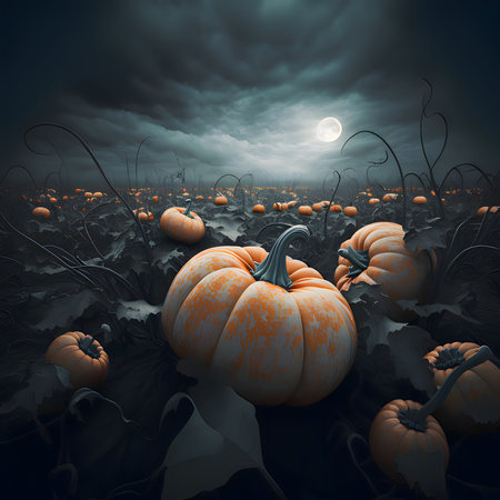 An abandoned pumpkin field at midnight pumpkins darkness. Darkness. Pumpkin as a dish of thanksgiving for the harvest. An atmosphere of joy and celebration.の写真素材