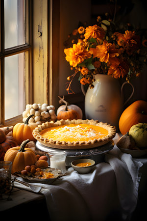 Pumpkin cake on a wooden table top around pumpkins in the back a window and flowers. Pumpkin as a dish of thanksgiving for the harvest. An atmosphere of joy and celebration.の写真素材