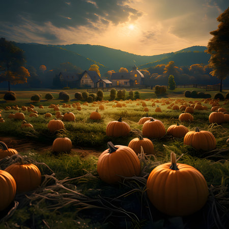 Photo of a pumpkin field at sunset or sunrise. Pumpkin as a dish of thanksgiving for the harvest. An atmosphere of joy and celebration.の写真素材
