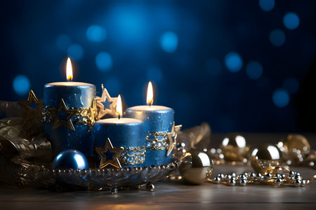 Elegantly placed small blue candles, gold stars and baubles., banner with space for your own content. Blue background color. Blank field for the inscription.の写真素材