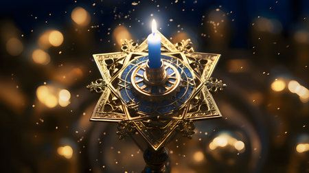 A blue candle in the middle of a golden Star of David. Hanukkah as a traditional Jewish holiday. A time of celebration.の素材