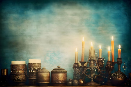 Image of traditional Jewish Menorah candlestick, banner with space for your own content. White background color. Blank field for the inscription.の素材