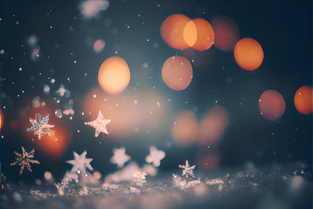 Tiny stars and snowflakes and bokeh effect, Christmas banner with space for your own content. Light color background. Blank field for your inscription.の写真素材